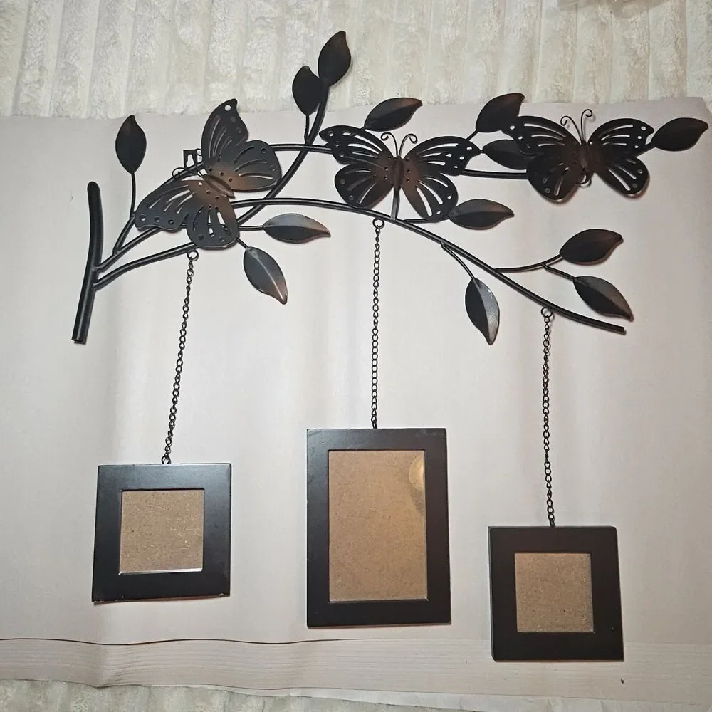 Dark Brown Tree Branch Metal Butterfly 3 Photo Frame Wall Hanging